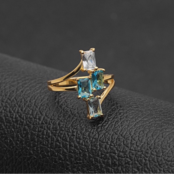 Emerald Cut Aqua CZ Gemstone Ring 18k Gold/925 SS - Picture 3 of 4